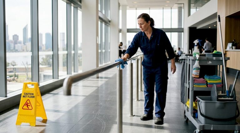 Cleaner deep cleans handrail in Perth office lobby