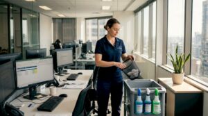 Office cleaner working in busy corner office