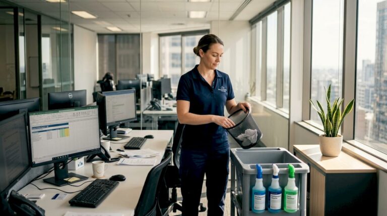 Office cleaner working in busy corner office