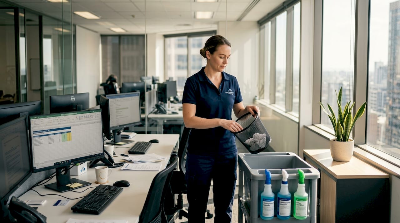 Office cleaner working in busy corner office