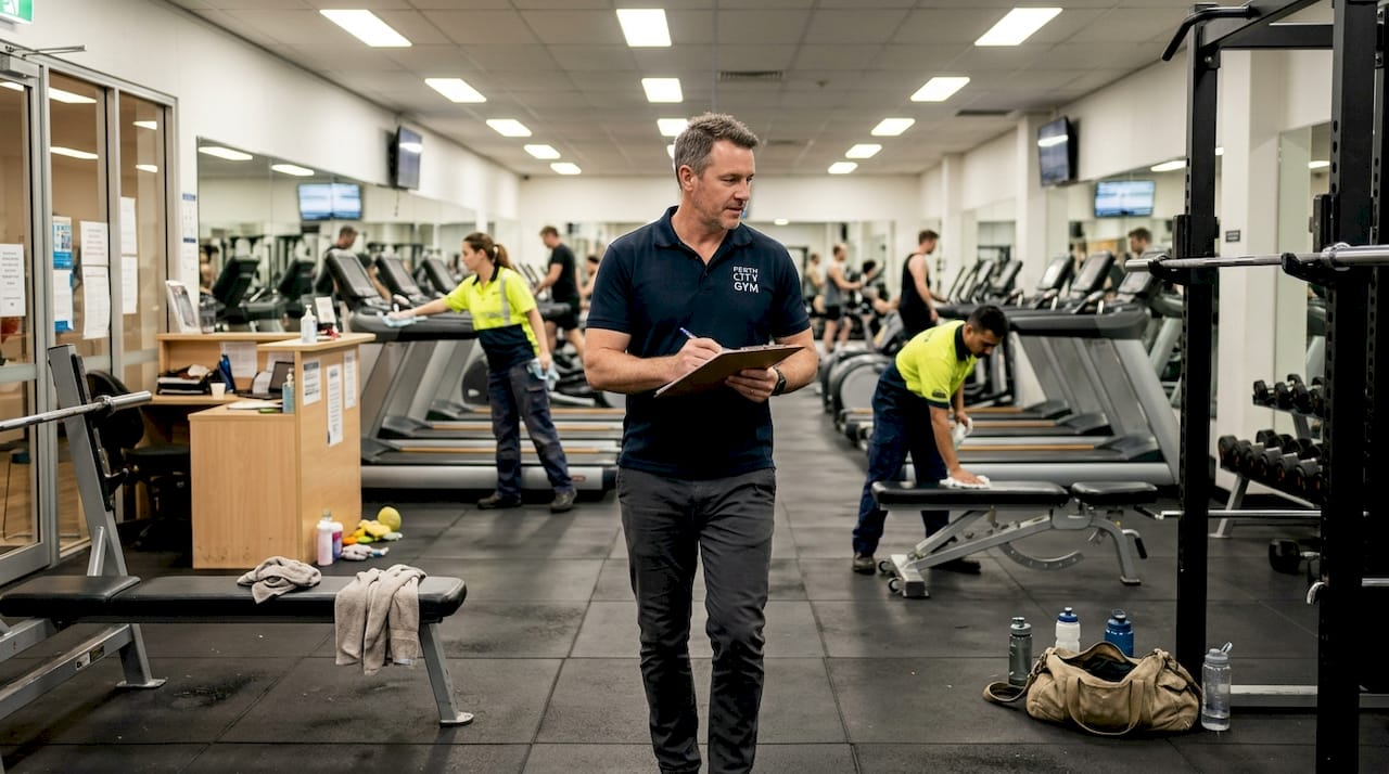 Gym manager overseeing cleaning in busy Perth gym